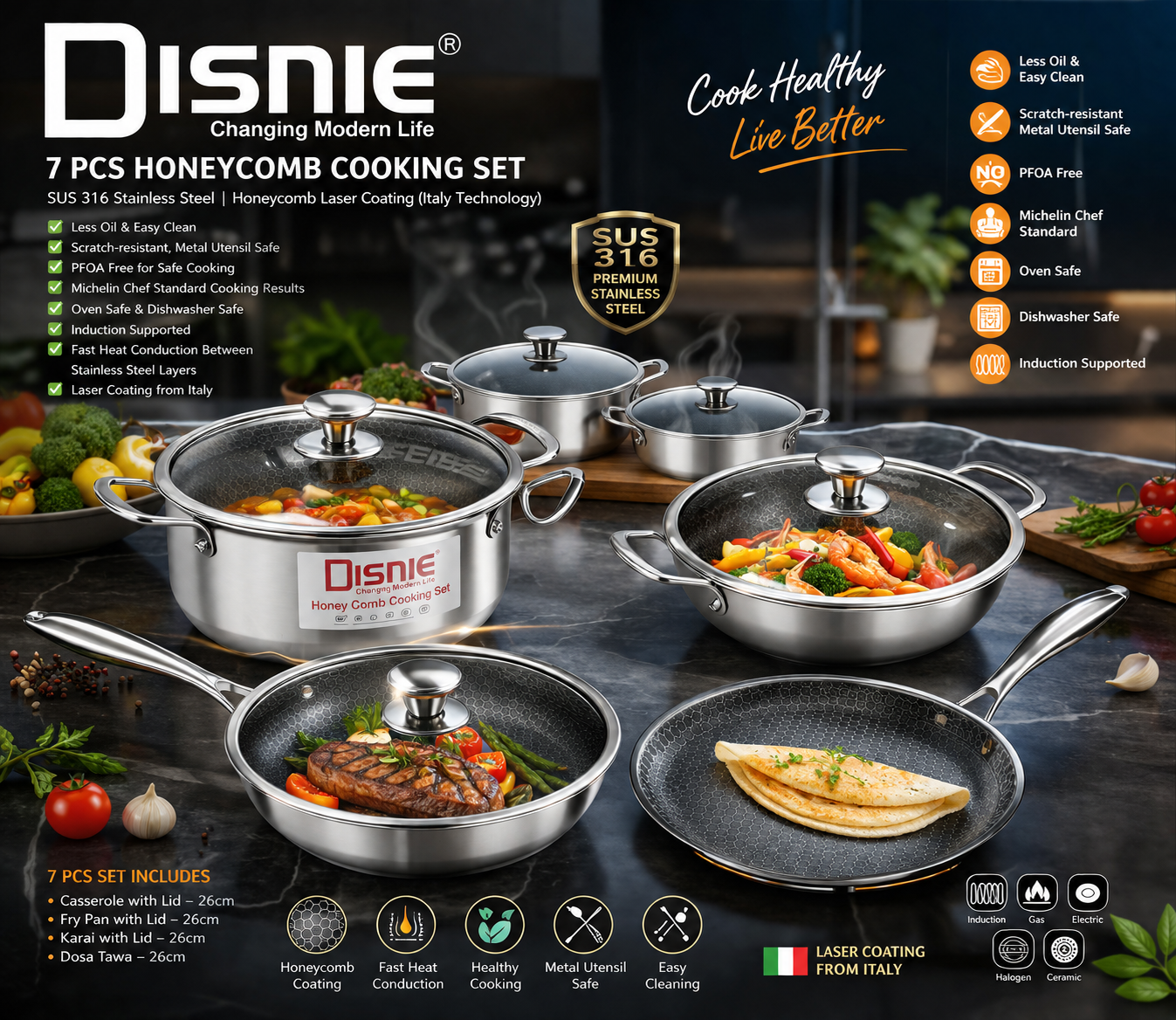 Disnie 7 Pcs SUS 316 Honeycomb Cooking Set